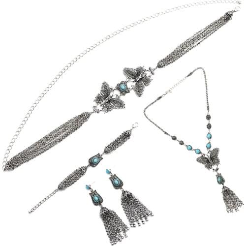 Vintage Silver Color Alloy Belly Dance Waist Chains Necklaces Earrings Sets for Women Bohemian Blue Stone Indian Jewelry Sets