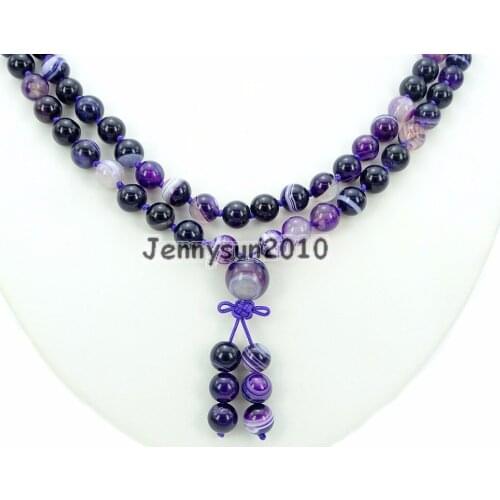 Natural Purple Stripe Ag-ate 8mm Gems Stone Buddhist 108 Beads Prayer Mala Knot Necklace Multi-Purpose 5Strands/Pack