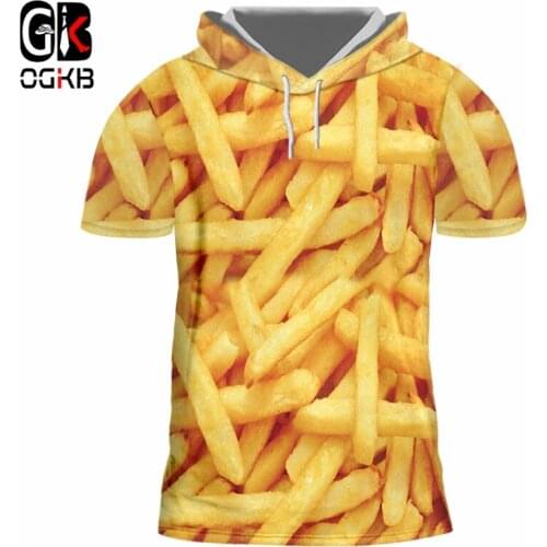 OGKB Hooded T-shirt Mens Short Sleeve Food 3D Tshirt Printed French Fries Chips Hiphop Plus Size 5XL 6XL Male Spring Hoody Coat