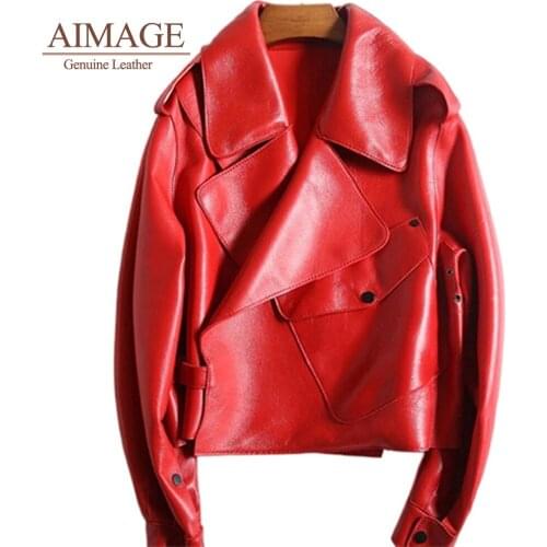 Autumn women real sheepskin coat shorts turn collar jaqueta de couro office motorcycle jackets red black high quality PY015