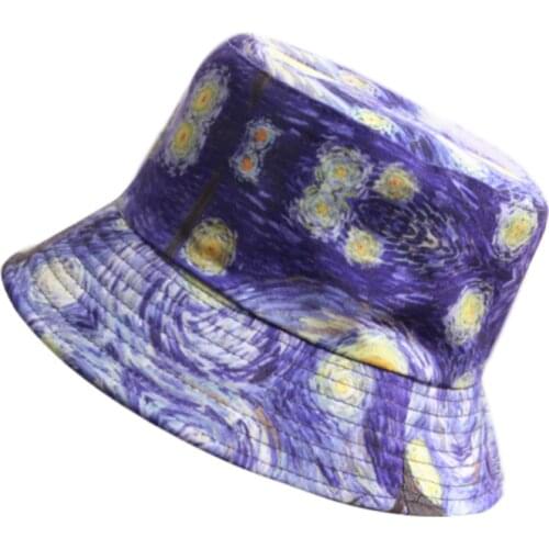 Van Gogh starry sky Print Bucket Hat Women Men Couple Summer Cotton Hip Hop Cap Panama Fishing Hat Sun Flat Fisherman Hats