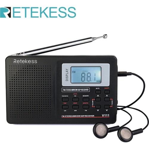 RETEKESS V111 Full Band Radio FM Stereo/MW/SW DSP World Band Receiver with Timing Alarm Clock Portable Radio Black F9201