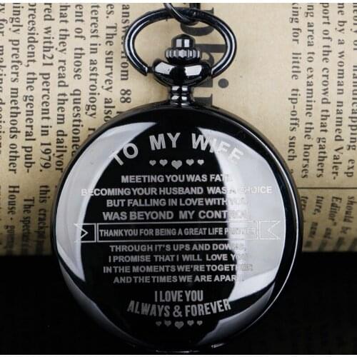 Retro To My Wife Pocket Watches Quartz Pocket Watches Anniversary Couples Gifts Black Smooth Necklace Chain Clock