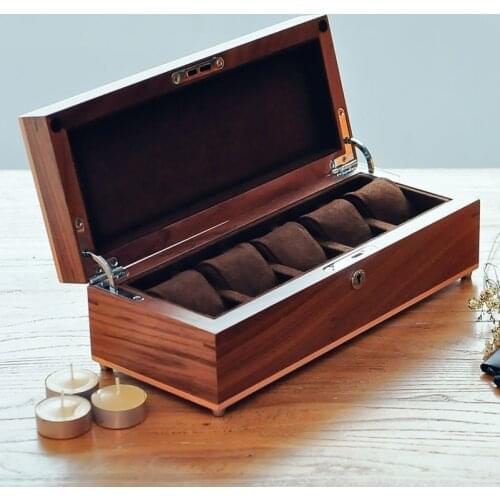 Luxury fashion original walnut wood 5-grid watch storage box wooden watch case brand watches boxes organizer with key gift box