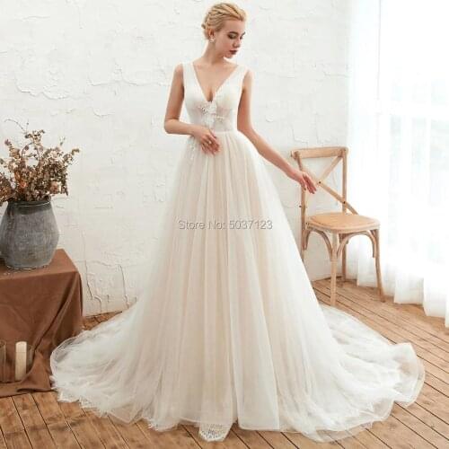 Sexy Lace Appliques & Tulle Sleeveless Bateau Deep V Neckline Sweep Train Wedding Dresses Off Shoulder Corset Back Bridal Gowns