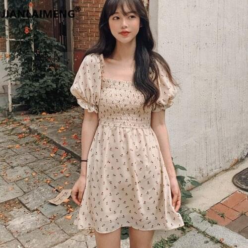 Square Collar Chiffon Floral Dress Kawai A Line Vestido Boho Chic Black Mini Vestidos Verano 2020 NEW Korean Retro Cute Harajuku