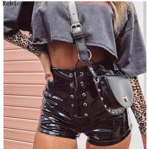 Women PU Leather shorts Autumn Winter Fashion Rivet short elastic waist casual wide leg shorts feminino cintura