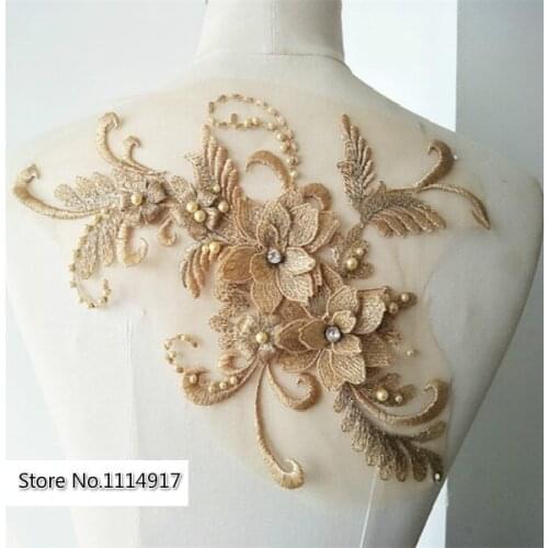 3D Beaded Wedding Dress Lace Applique Flower Fabric Patch Handmade DIY Bridal Headdress Lace Collar 1set