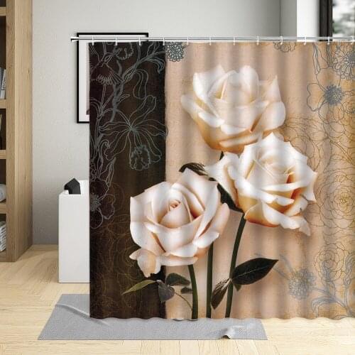 Rose Flower Vintage Design Wood Grain Shower Curtain Polyester Fabric Bathroom Curtains For Home Decor Screens With Hooks Set