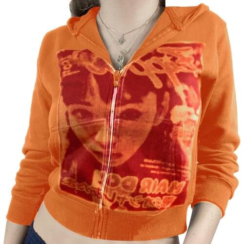 Women Zip Up Sweatshirt Hoodie Portrait Print Hooded Long Sleeves Jacket Clothes with Pockets for Girls Casual Large Coats