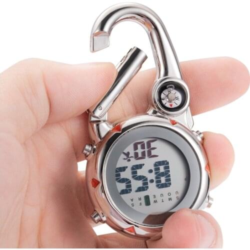 Vintage Compass Clock Reloj De Bolsill Digital Carabiner Watch Outdoor Sport Climbing Silver Clip-On Quartz Pocket Watches