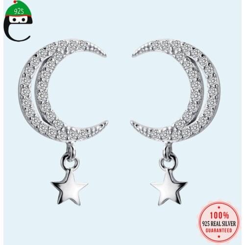 ElfoPlataSi 100% 925 Sterling Silver Moon&Star Shiny CZ Stud Earring For Women Fashion Fine Silver Earring Jewelry Gift XY1524