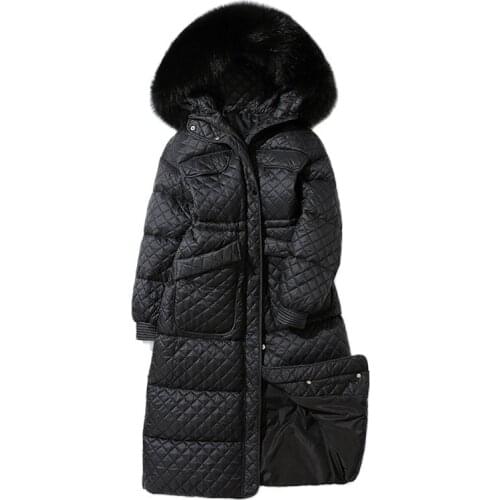2021 Winter Women Big Natural Fur Collar X-Long Down Parka Thick Warm 90% White Duck Down Coat Long Sleeve Snow Jacket