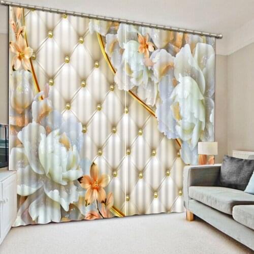 3D Curtain Fashion Customized Curtain Plaid pattern, Three-Dimensional White flower Curtains For Bedroom Blackout Shade Window