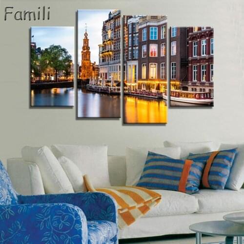 4pcs Modern Netherlands city Canvas art Painting on the Wall Modular Pictures vintage home decor Canvas Painting for Living Room