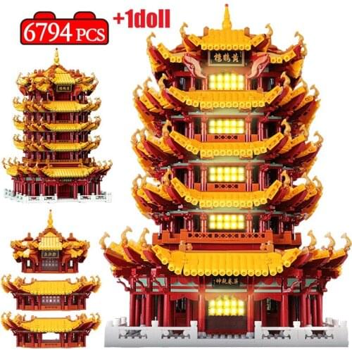 6794pcs City Chinese Yellow Crane Tower Creative Street View Model Building Blocks House Figures Light Bricks Toys for Children