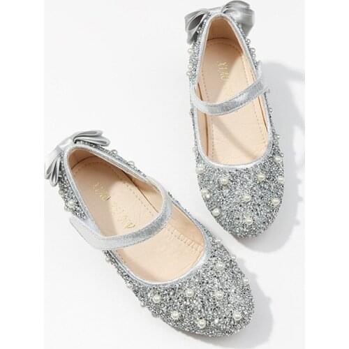 Children Girls Shoes Bling Sequins Crystal Bow Pearls Beads Princess High Heels Dance Shoes for Kids Girls Waterproof Antiskid