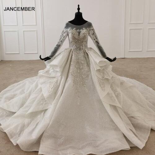 HTL1295 Beaded Wedding Dress Glitter O Neck Elegant Wedding Dress 2020 Long Sleeve Illusion свалебное платье