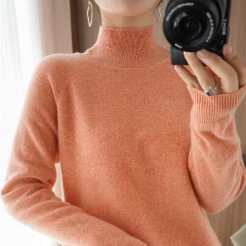 Cashmere sweater womens pullover sweater with raglan sleeves solid color wool sweater autumn and winter half turtleneck sweater