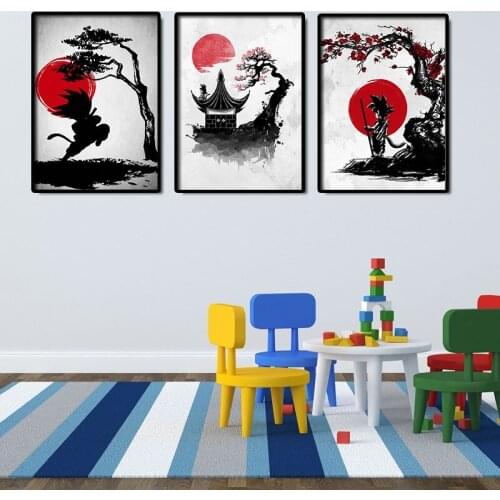 Classic Anime Dragon Ball Ink Red Black Poster Goku Canvas Painting Mural Living Room Bedroom Home Wall Picture Decoration