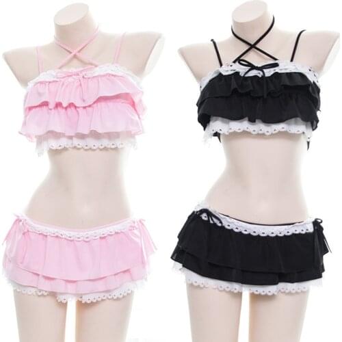 Kawaii Sexy Womens Lingerie Set Lolita Cat Girls Ruffles Camisoles & Skirt Underwear Set Sukumizu Japanese Cat Woman Costume
