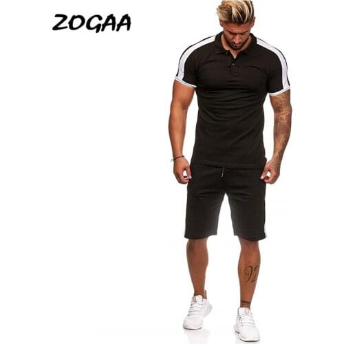 ZOGAA Sets Men Hot Sale Mens Striped Stitching Hip-hop Sports Muscle Fitness Clothes Polo Lapel Shirt Suit Large Size Trendy