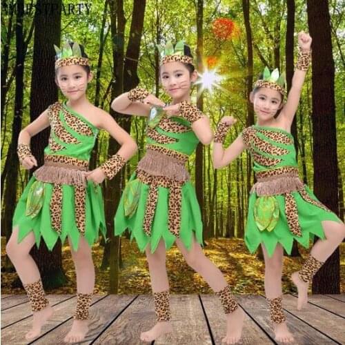 Hot 2017 children savage caveman costumes boy leopard flintstone African tribal Hunter Savages clothing girl Kids AMBESTPARTY