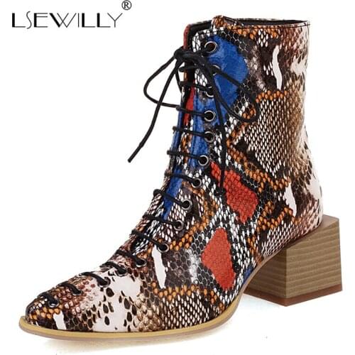 Lsewilly 2021 Women Ankle Boots Comfortable Square Heel Round Toe Ladies Lace Up Boots Snake Print Fall Winter Womens Boots