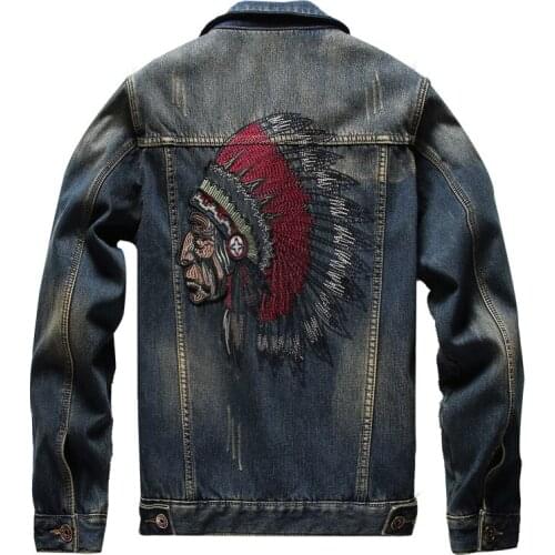 Personality Embroidery Denim Jacket Men Coat Dark Blue Casual Youth Jacket Cotton Turn-down Collar Denim Bomber Jackets Man