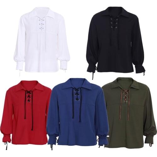Men’s Scottish Jacobite Ghillie Kilt Highland Shirt Long Sleeve Lace Up Medieval Renaissance Pirate Viking shirt Costume