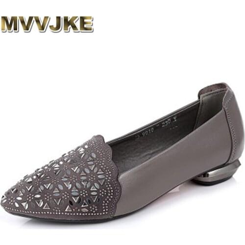 MVVJKEShallow Women Casual Shoes Square Heels Genuine Leather Pumps Female Low Heel Shoes Office Lady Footwear Zapatos MujerE176