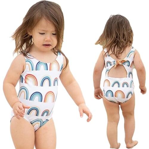 Newest Arrival Kids Toddler Girls Printed Swimsuit Round Neck Sleeveless Rainbow Pattern Bodysuit Swimwear for 1-5T