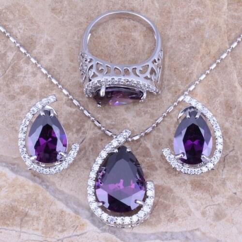 Purple Cubic Zirconia White CZ Silver Plated Jewelry Sets Earrings Pendant Ring S0004