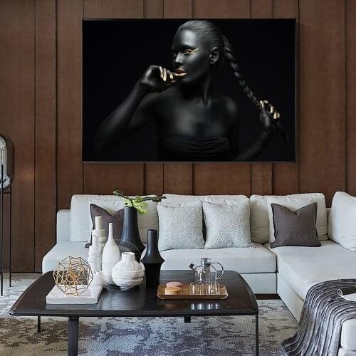 Sexy Girl In Black Modern Wall Art Canvas Prints Golden Lips Canvas Art Painting African Girl Posters And Prints Home Wall Decor