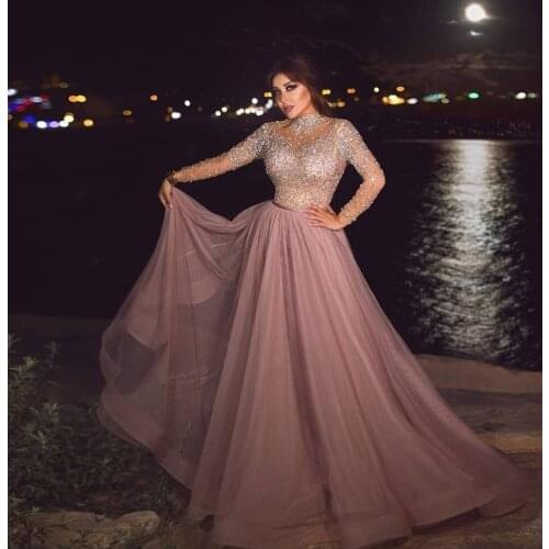 Champagne prom dresses 2020 crystal long sleeve a line illusion long evening dresses formal dresses gowns
