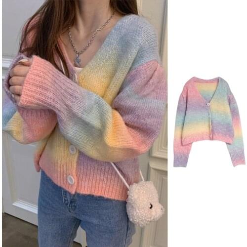 Women Long Sleeve Rainbow Knitted Sweater Sexy V-neck Loose Pullover Jumper Cardigan Female Spring Autumn Tops Streetwear