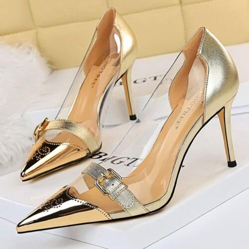 Bigtree Shoes Women Pumps Heels Transparent PVC Heels Ladies Metal Belt Buckle Pumps Shoes Sexy Stiletto High Heel Wedding Shoes