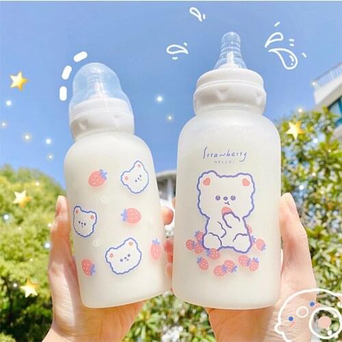Creative Pacifier Glass Water Bottle Cartoon Strawberry Cute Bear Frosted Milk Straw Water Cup for Children Baby Feeding Bottles