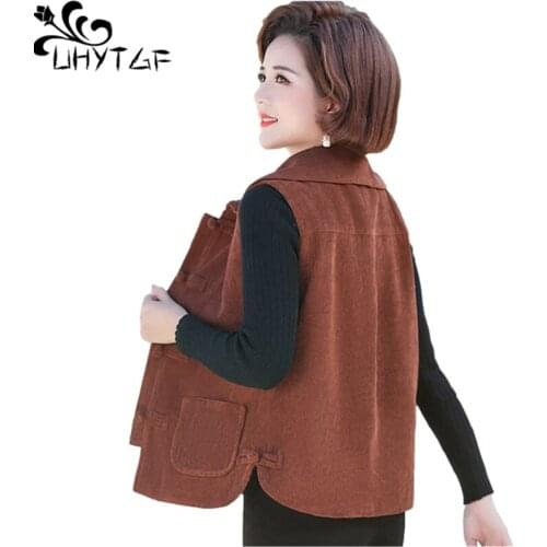 UHYTGF Middle-Aged Women Corduroy Vest Jacket Vintage Buttons Casual Spring Autumn Waistcoat Coat Mother 5XL Plus Size Tops 1618