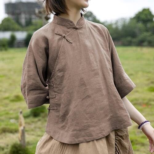 FairyNatural Ladies Retro Chinese Style Shirts Stand Collar Half Sleeve Women Clothes A-Line Button Ramie Tops 2021 Summer