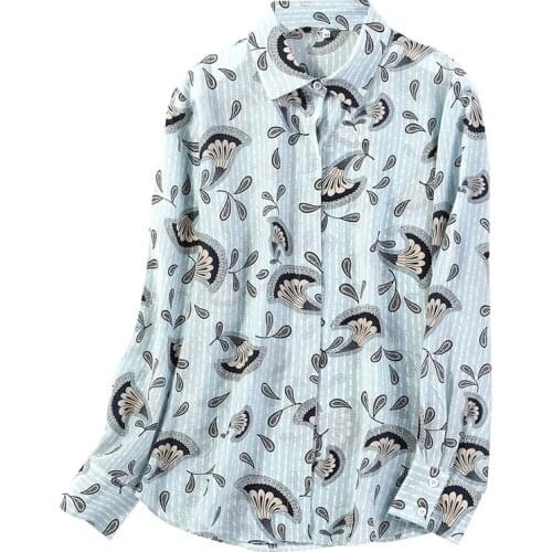 Womens 100% Mulberry Silk Crepe Silk Blue Print Button down long sleeve shirt Top Blouse Collared office work JN587