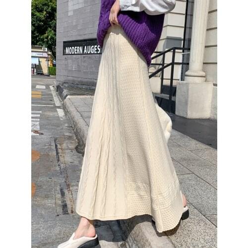 TIGENA Autumn Winter Women Knitted Long Skirt 2021 New Korean Fashion Solid A Line High Waist Skirt Female Ladies Black Gray