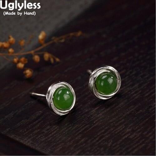 Uglyless S 925 Sterling Silver Jasper Studs Earrings Mini Size Women Statement Brincos Vintage Fine Jewelry Natural Jade Bijoux