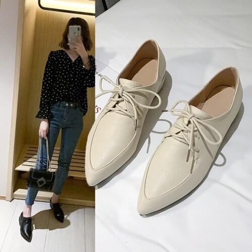 Womens Flat Shoes, British Style Pointed Toe Derby Shoes, Lace-up Low-tops (Height 3.0cm 1.18inches, Leather)