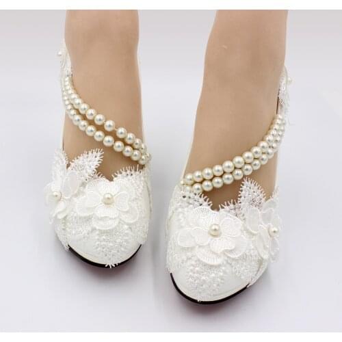 Spring and summer new high-heeled womens shoes white bridal shoes elastic beads flowers handmade wedding shoes made in China