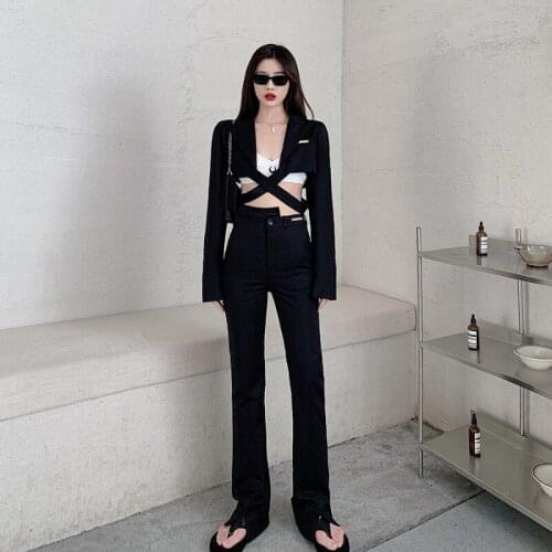 Women New Design Fashion Style Short Blazers Female Spring Autumn Thin Sexy Casual Cross Strap Suit Jacket Black Show Chest
