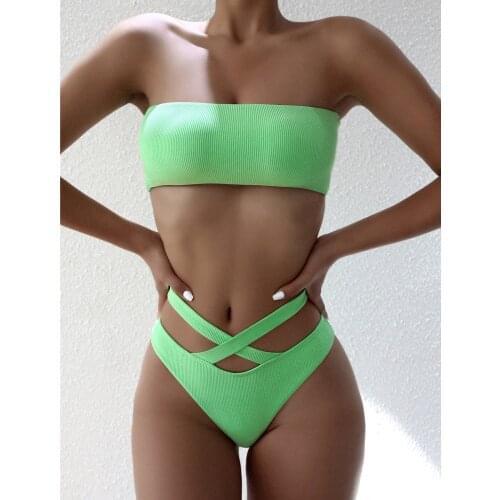 Womens Bandeau Bandage Ruffle Bikini Split Swimsuit