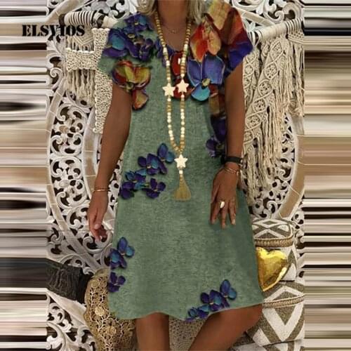 Women Loose Beach Sundress Vintage Printing Casual Short Sleeve Midi Dress 2021 Summer Office Lady Party Elegant V-Neck Vestidos