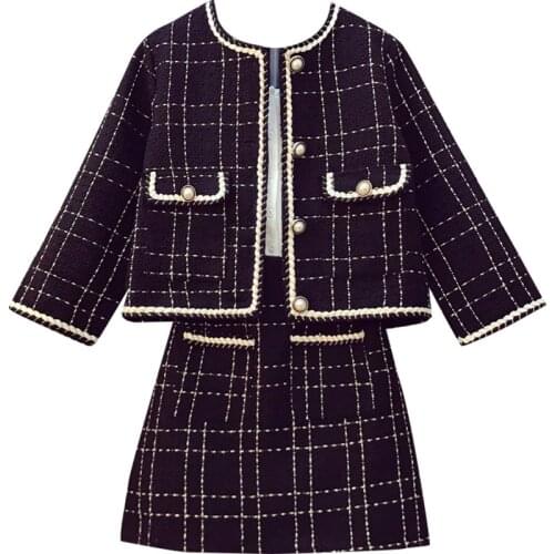 Women Spring Autumn 2 Piece Set New Plaid Single Breasted Short Weave Jacket Coat+Short Dress Skirt Set Female Plus Size Outfit