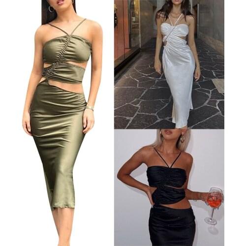 Women Fashion Halter Backless Dress Stylish Solid Color Drawstring Dress for Ladies Female